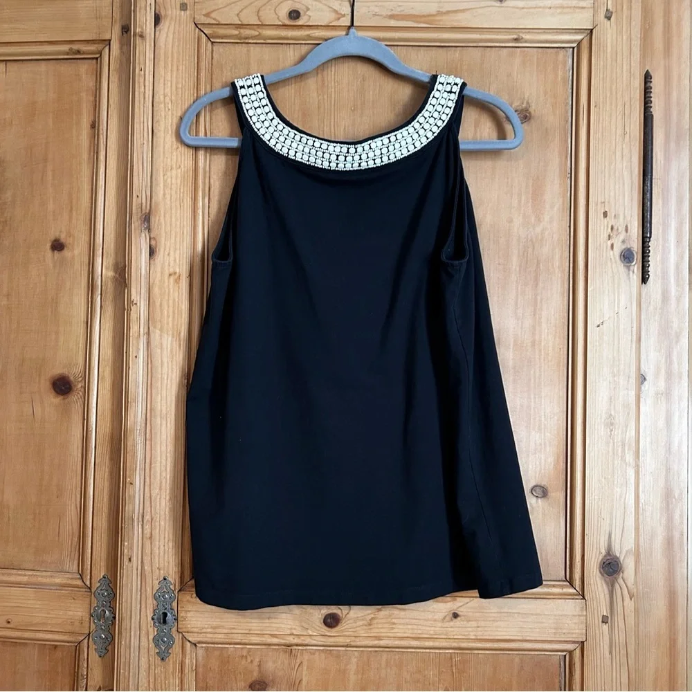 Talbots Women’s Black Pleated Cotton Blend Tank W/ Cream Beaded Neckline Sz 1X